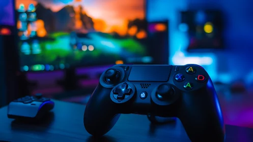 Ergonomic game controller rests before neon backlit display