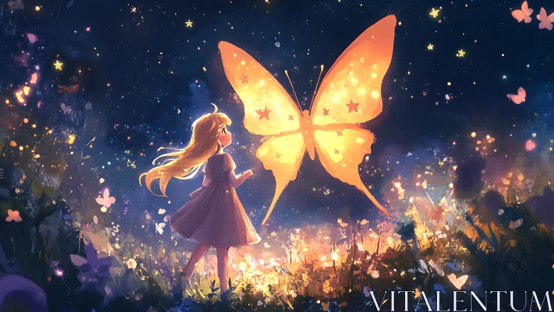 Luminous butterfly spirit illuminates a girl in a nocturnal meadow
