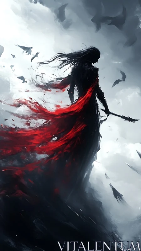Crimson cloaked warrior strides through stormlit sky shadows