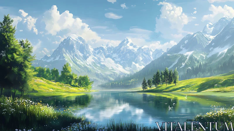 Wide alpine lake reflecting snow-capped peaks under volumetric clouds