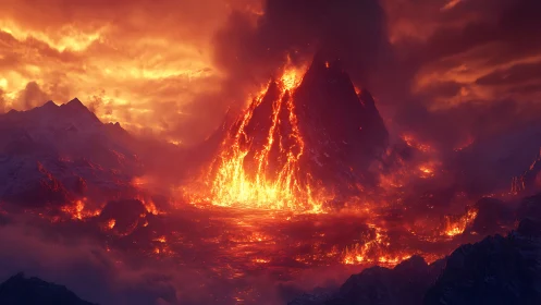 Volcanic Eruption with Lava Fountaining in Mountain Valley