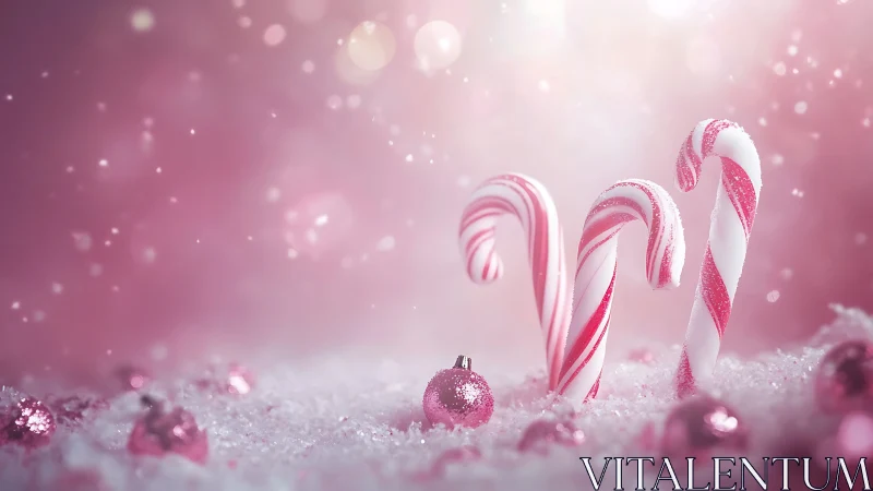 Festive candy canes and ornaments glow in snowy pink wonderland