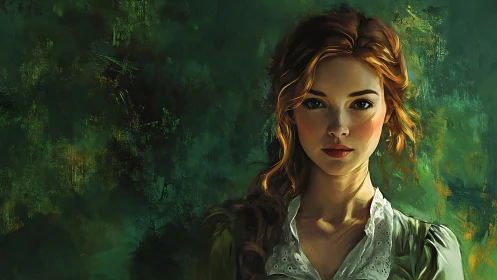 Digital oil portrait of a young woman against abstract green field