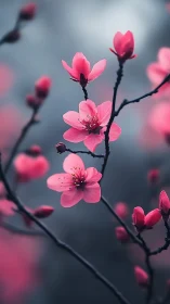 Pink Blossoms on Dark Branches: Spring Bloom Detail.