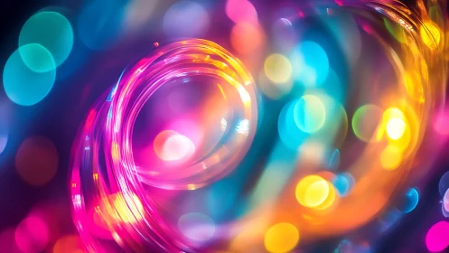 Neon whirlpools twist bokeh lights into liquid rainbow orbits