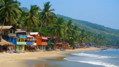Chromatic coastal huts and palm canopy along tropical shoreline.