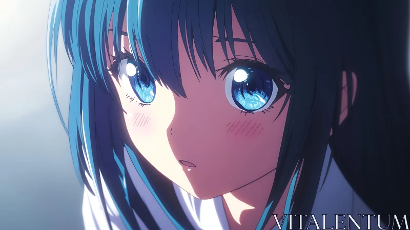 Soft blue haired anime girl gazes upward with shining wonder