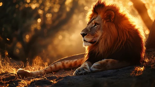 Backlit lion portrait in golden hour wildlife composition.