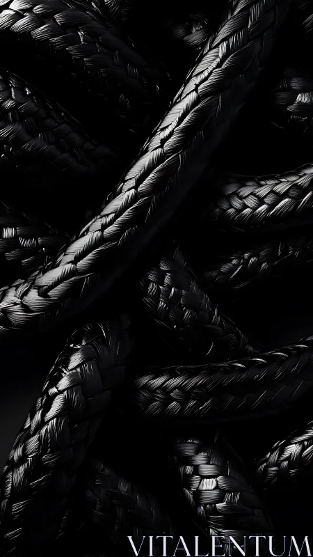 Interwoven black braided ropes form dense curved structure