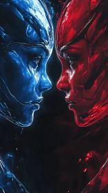 Opposing red and blue liquid faces confront each other closely