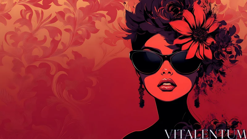 High-contrast vector portrait integrates floral motifs and bold gradients