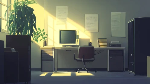 Soft morning light over a quiet, plant-filled office desk.