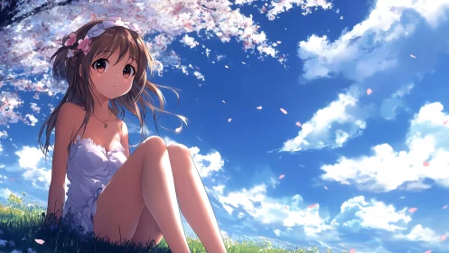 Atmospheric anime spring portrait under cherry blossoms.