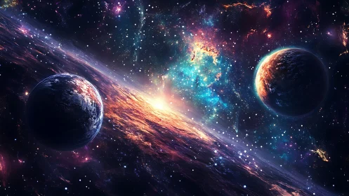 Digital nebula panorama with twin planets and radiant galactic rift.