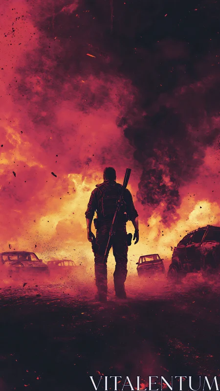 Silhouetted armed figure walks through burning wrecked cars