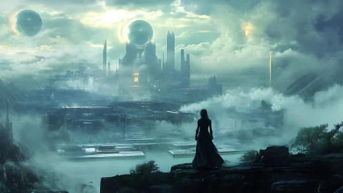 Concept art of lone figure overlooking misted futurist citadel.