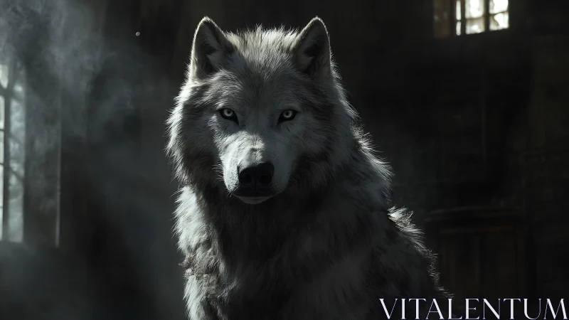 Moonlit silver wolf waits in shadowed ruins, eyes ablaze.