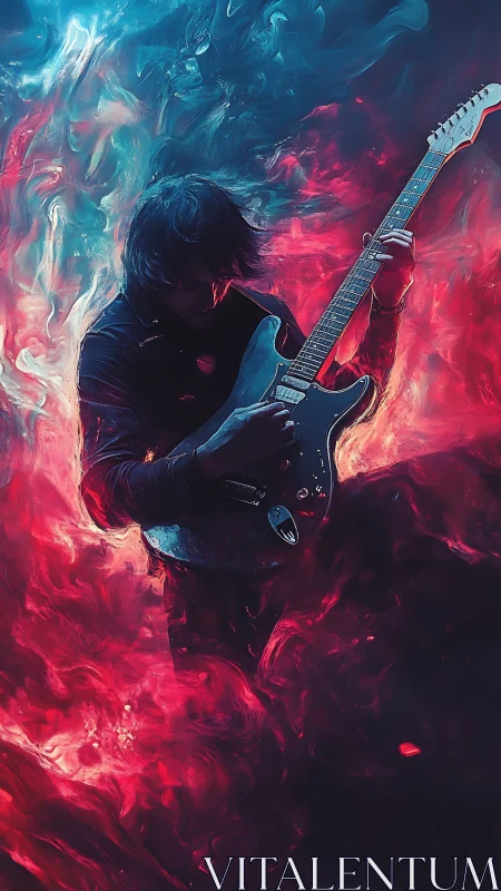 Electric guitarist surfing neon waves of color and sound.