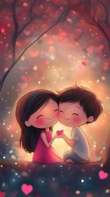 Romantic couple exchanging hearts under luminous trees.