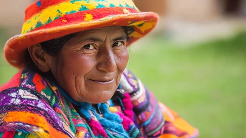Elderly woman in traditional Andean attire, vibrant portrait style.