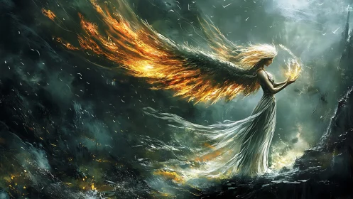 Flame-winged seraph bends stormlight into a fragile star