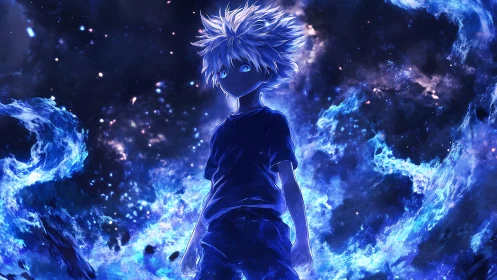 Blue-haired anime boy stands within swirling cosmic energy