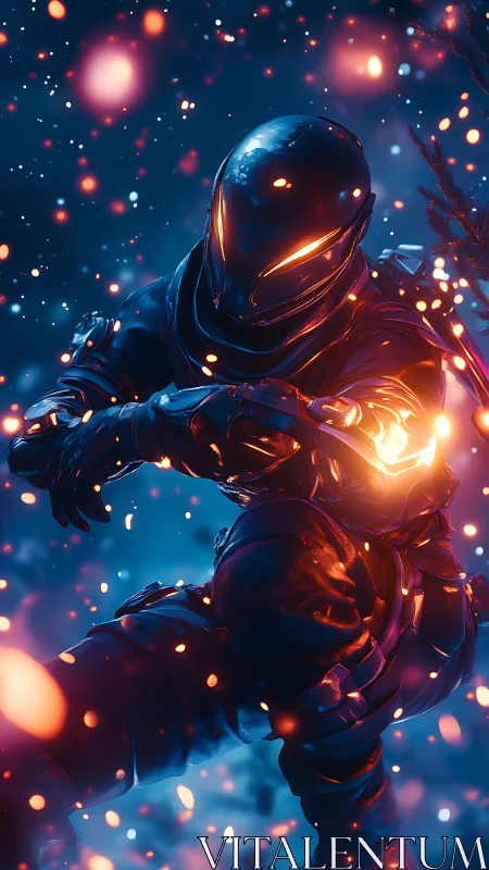 Armored futuristic figure in glowing particle field at night.