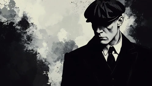 Shadowed gentleman in ink-washed noir storm of silence.