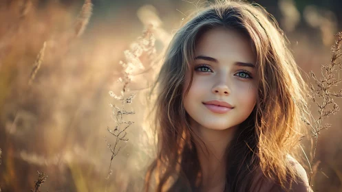 Golden Hour Portrait: Young Woman in Sunlit Field.