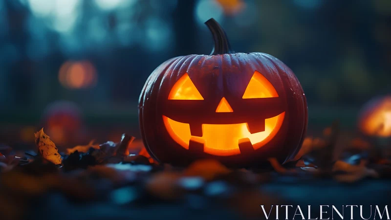 Photorealistic jack o lantern on autumn leaves at dusk.