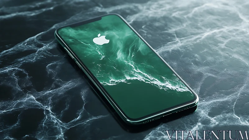 High-gloss smartphone on teal marble with dynamic wave screen