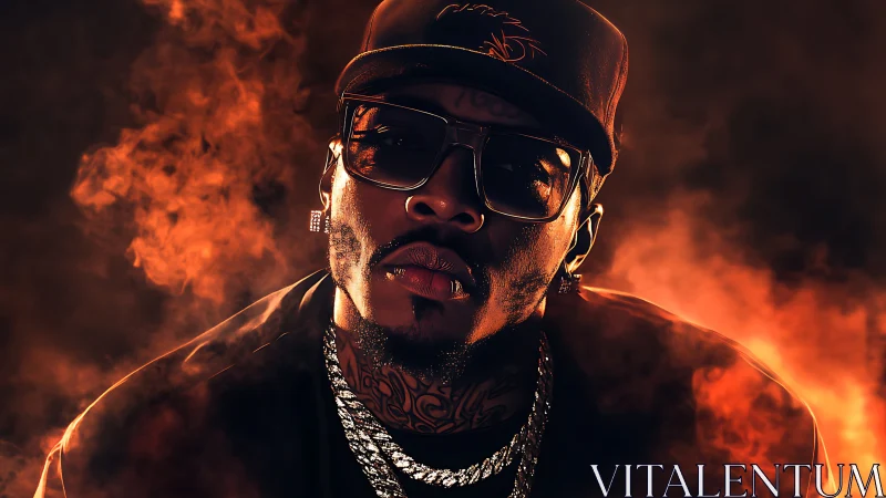 Cinematic hip hop portrait in dramatic ember backlight rendering.