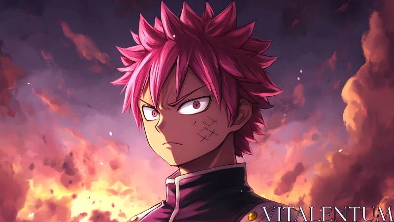 Intense pink haired anime fighter framed by volumetric fire clouds