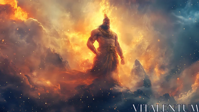 Mythic fire god emerges from stormlit cosmic clouds