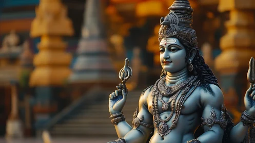 Photorealistic Shiva sculpture with temple depth of field.