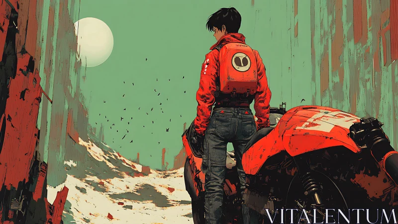 Retro-futurist rider surveying decayed corridor landscape.