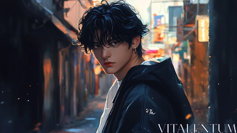 Young man in dark jacket standing in blurred urban alley.