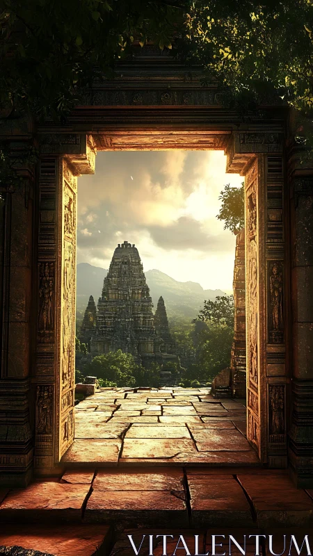 Sunlit temple gateway framing ancient jungle pyramid.