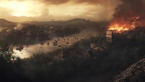 Sunset over a burning ancient riverside city in turmoil.