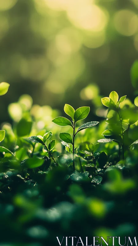 Tender green sprouts basking in soft morning sunlight.
