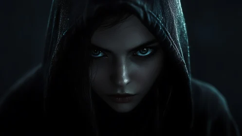 Dark hooded woman with piercing blue eyes in shadowed frame.