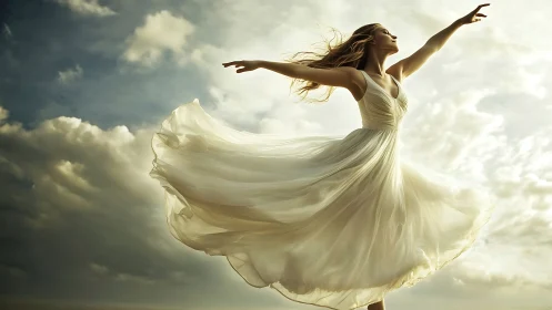 Ethereal woman in flowing white dress dancing above clouds.