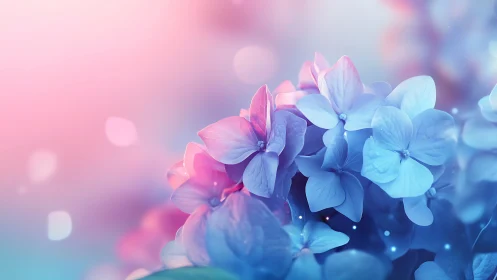 Hydrangea flowers with gradient blue-pink coloration and bokeh background.