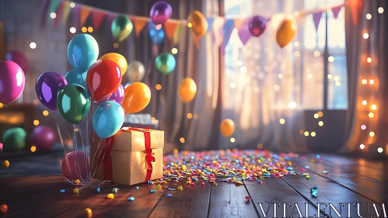Colorful Celebration: Gift and Balloons Brighten the Day.