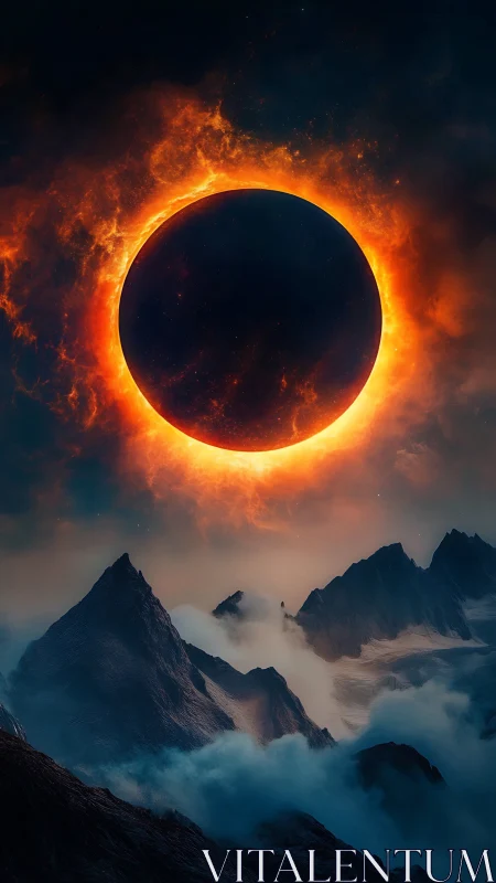 Fiery eclipse hovering over misty midnight mountainscape.