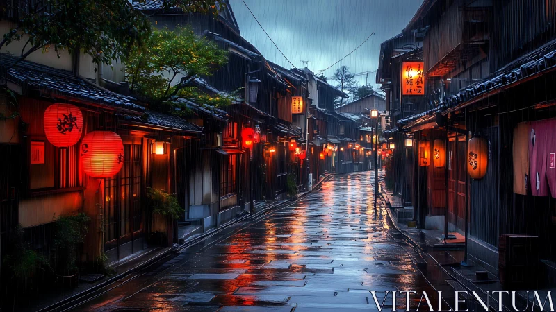 Lantern lit Kyoto street glowing softly in gentle evening rain.