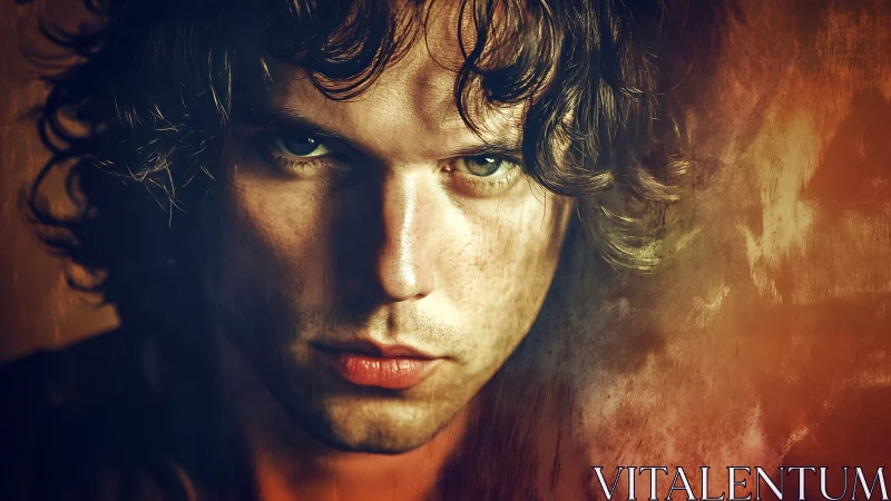 Intense male portrait amid fiery textured vignette.