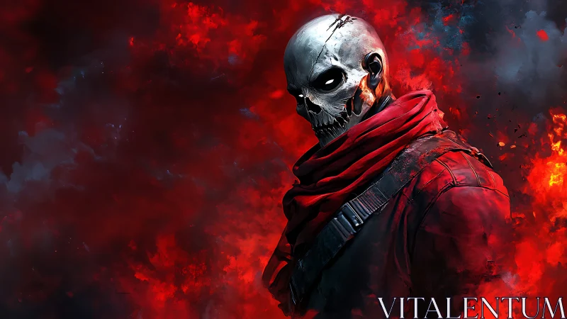 Digital painting of skull-masked warrior in incendiary red field.