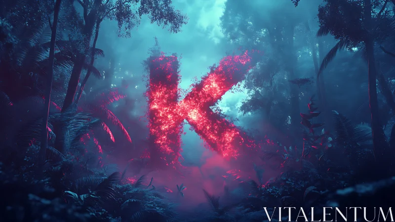 Glowing red letter K floats inside dense misty jungle