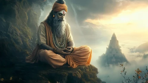 Meditating sage on cliff above misty valley temple.